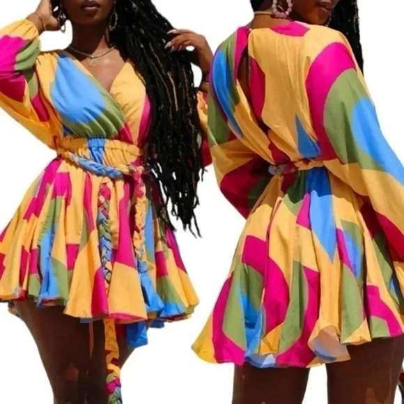 L’ATISTE COLORBLOCK SURPLICE NECK SWING DRESS WITH WEAVE BELT - Picture 1 of 7
